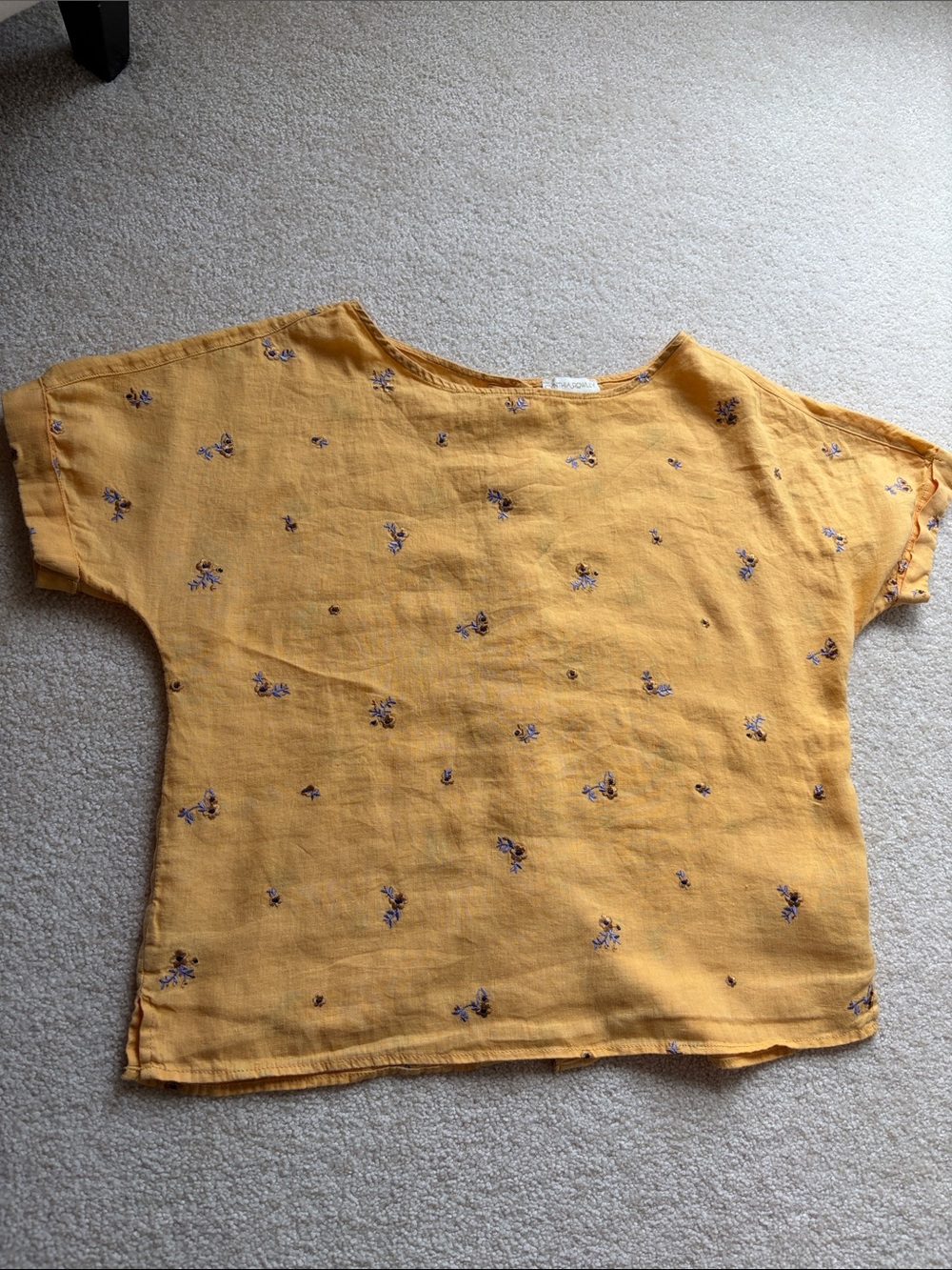 100% Linen butter yellow summer top with purple flower embroidery